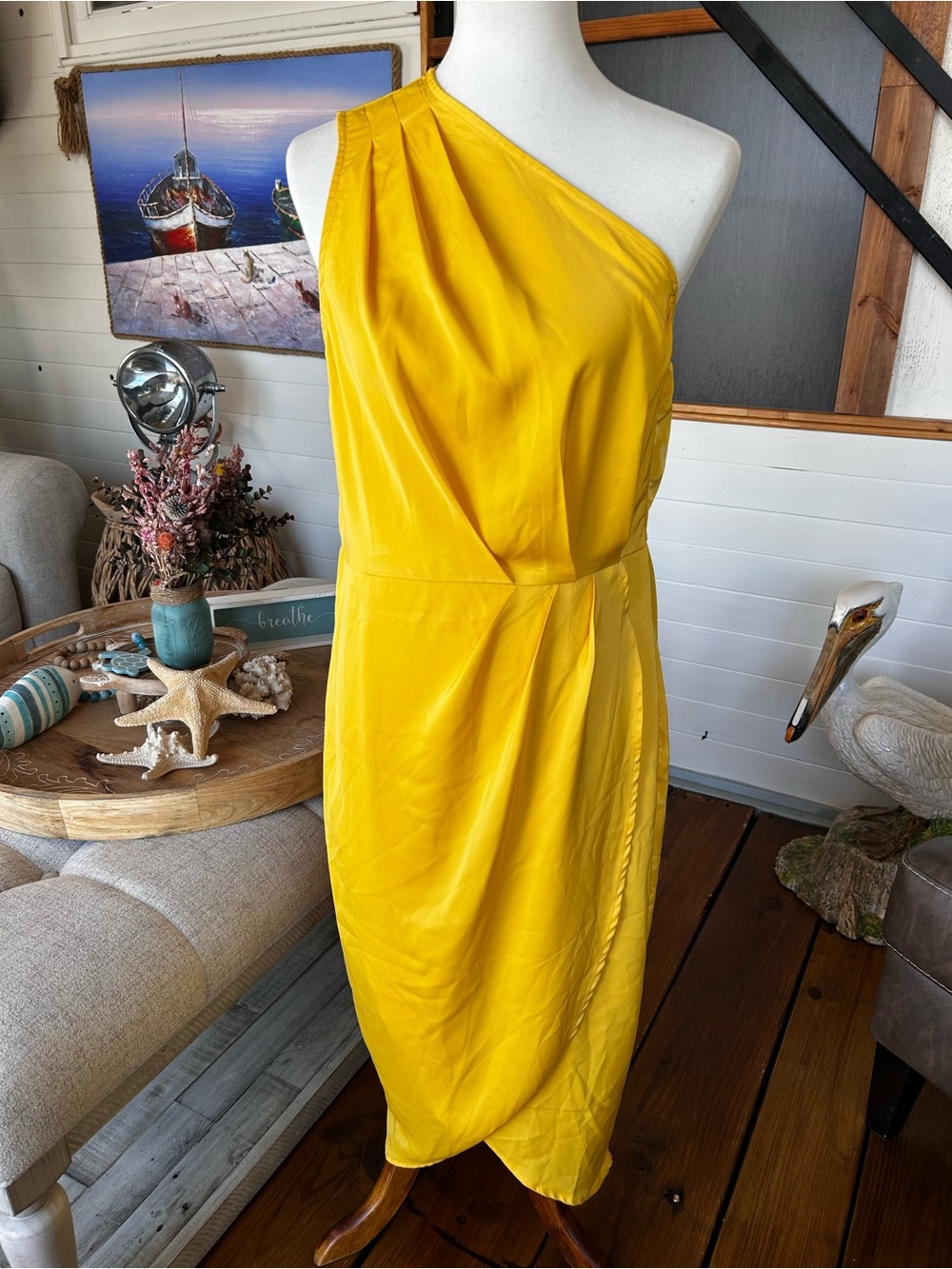 PrettyGarden Yellow One Shoulder Midi Dress Size Large Wedding Guest Dress